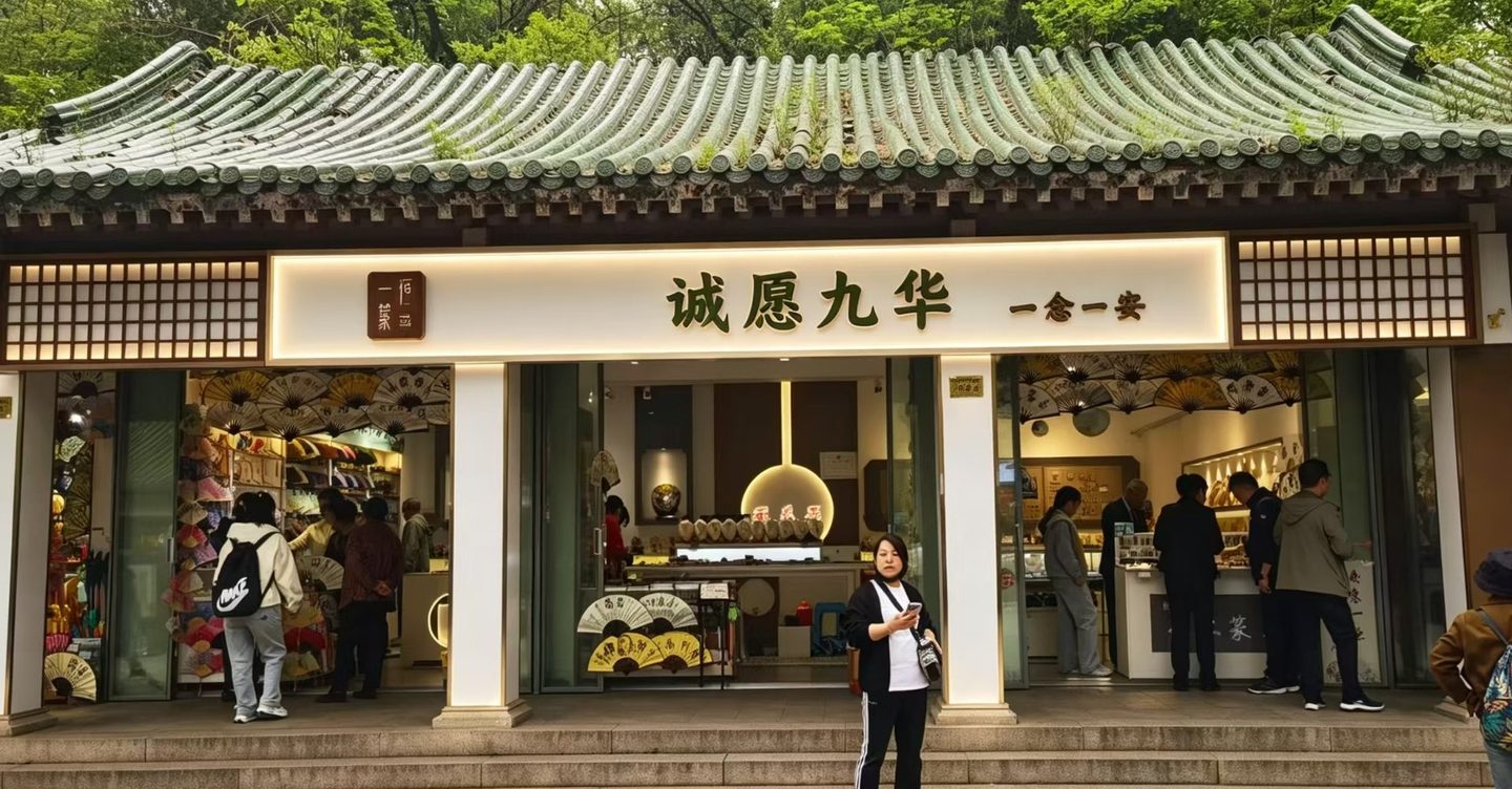 诚愿九华线下门店门头实景，青瓦屋檐与木质匾额招牌